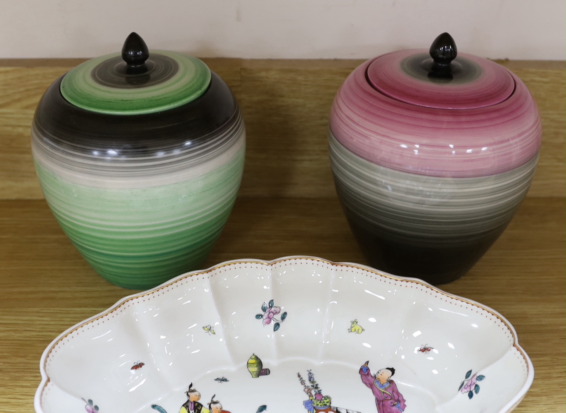 Two early 19th century pearlware lozenge dishes, a Royal Worcester dish and two Wedgwood jars and covers, blue and white dish 27.5cm wide